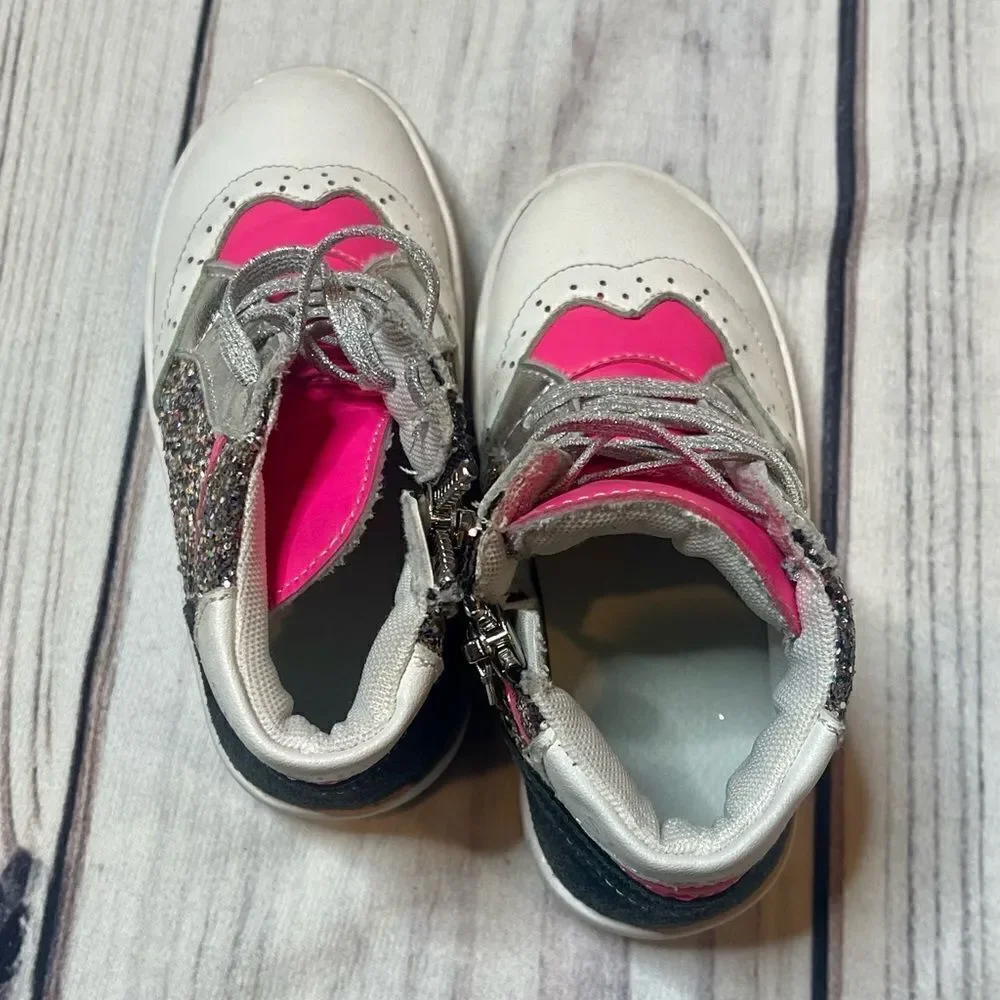 Style Child Ella High Top Sneakers Pink White &‎ Black Glitter Size EU 24 US 8